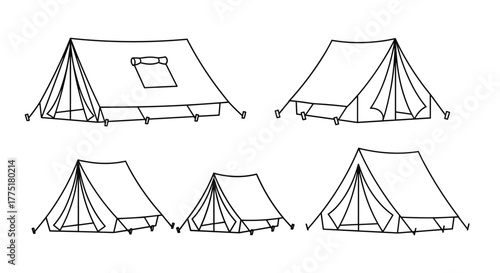 Simple line art illustrations depicting six different camping tent styles, including an A-frame and several bell tents, on a clean white background.