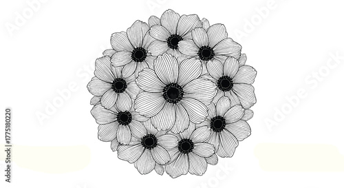 A beautiful circular bouquet of hand-drawn flowers in a black and white linocut style, perfect for vintage botanical designs.