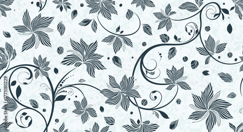 Decorative monochrome seamless floral pattern with elegant dark blue flowers, leaves, and swirling tendrils on a textured light background.