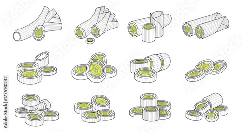 Detailed illustrations showing fresh leeks in various preparations, including whole stalks and neatly sliced rounds, highlighting their natural texture.