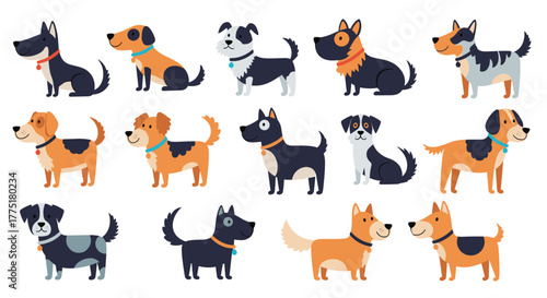 Cute collection of cartoon dogs of various breeds, colors, and sizes standing and sitting, featuring different expressions on a white background.