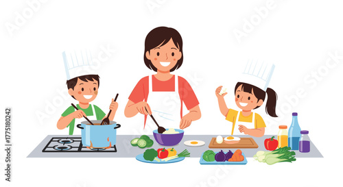 A happy mother and her two children in chef hats are preparing a healthy meal together in the kitchen, enjoying a fun cooking activity.