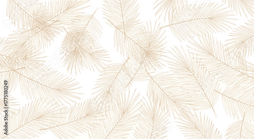 Seamless pattern of stylized light brown palm leaves on a clean white background, creating a serene and modern tropical design.