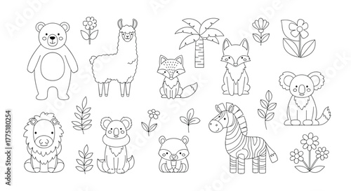 A charming collection of black and white line art featuring cute cartoon animals and nature elements, perfect for children's coloring books.