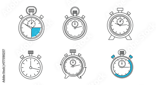 Set of minimalist line art stopwatch icons, some with a blue timer, representing time measurement, deadlines, and countdowns.