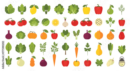 Colorful assortment of various fresh fruits and vegetables, ideal for illustrating healthy eating, grocery, and organic food concepts.