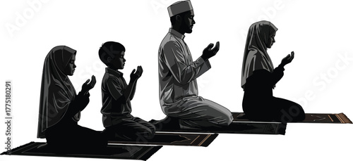 Silhouette of a muslim family praying together on prayer rugs, with their hands raised in supplication isolated on white background