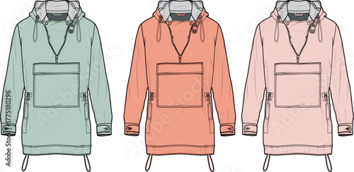 Pullover Anorak Jacket Mockup Set Colorful Windbreaker Parka Templates