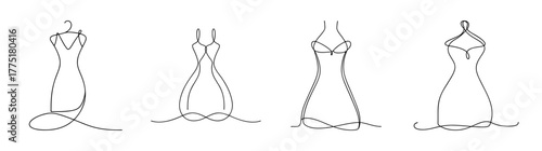 Collection of four elegant mini dresses sketches fashion design line art rendering models