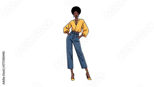 Confident African American woman in a yellow blouse and blue jeans, striking a stylish pose with an afro hairstyle