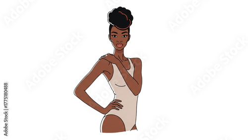 Confident young African woman in a chic leotard, showcasing self-love and body positivity with an updo