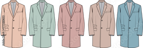 A diverse collection of elegantly designed men's long coats, showcasing a spectrum of soft, muted colors for various fashion and outerwear choices