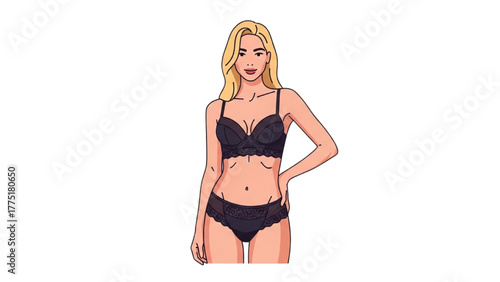 Elegant blonde woman posing in stylish black lace lingerie set, fashion illustration concept