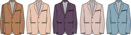 A stylish collection of men's single-breasted blazers in a variety of fashionable colors, showcasing options for wardrobe and formal wear
