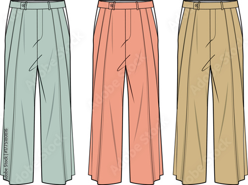 Vector illustration set of women's wide-leg pleated trousers. Fashion flat technical drawing collection for apparel design and clothing templates