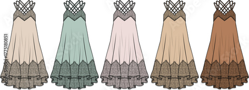 Elegant flowing maxi dress fashion illustration concept in multiple earthy and pastel color variations, showcasing intricate design details and a stylish silhouette