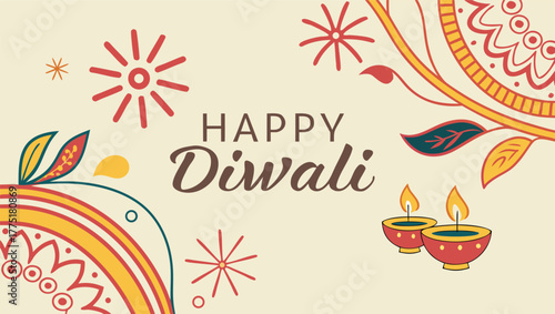 Diwali Celebration Greeting Card Design — radiant “Happy Diwali – Festival of Lights” text with illuminated oil lamps, colorful bokeh lights, and decorative floral motifs, vibrant and joyful holiday 