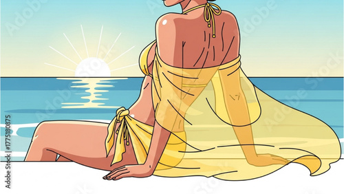 Woman relaxing on the beach at sunset, enjoying a sunny vacation