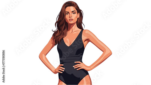 Confident young woman enjoying the summer season in a stylish black swimsuit, showcasing beauty and grace