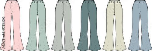 Collection of colorful wide-leg pants in various pastel shades for fashion design and apparel concepts
