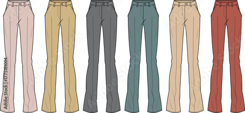 Diverse collection of women's stylish tailored trousers in various colors, presented as professional fashion flat technical drawings for apparel design and textile development