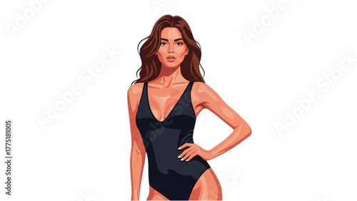 Illustration of a confident and beautiful woman in a stylish black one-piece swimsuit for summer fashion