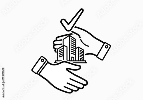 Successful Deal Icon Handshake with Buildings and Checkmark
