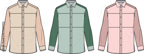Fashion design technical flat sketch template set of men's long sleeve color block shirts with double chest pockets in multiple colors