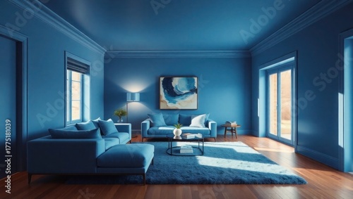 Serene blue living room invites relaxation and modern comfort