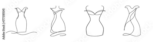 Set of four sketch drawings of elegant off-shoulder dresses with flowing silhouettes and unique strap designs.