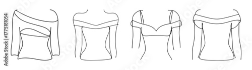Chic off-the-shoulder tops and garment design sketches showcasing elegant neckline and sleeve details