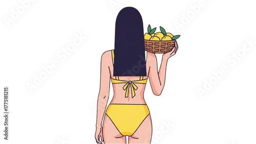 Rear view of woman in yellow bikini holding a basket of lemons, evoking summer, freshness, and healthy living