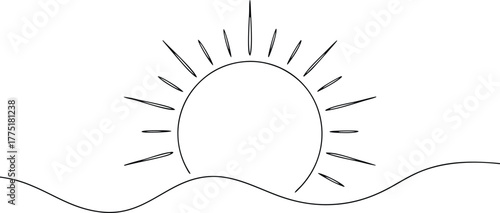 Minimalist sun rising over wavy horizon line sunrise