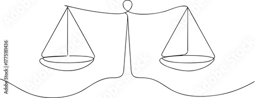 Single line drawing of a balance scale justice weighing