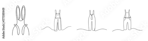 Set of four monochrome sketch style outlines of cartoonish overalls poses dynamic line art