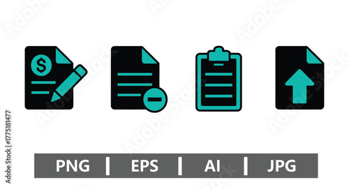 Illustration of document icons representing finance, deletion, clipboard, and file upload isolated on white background