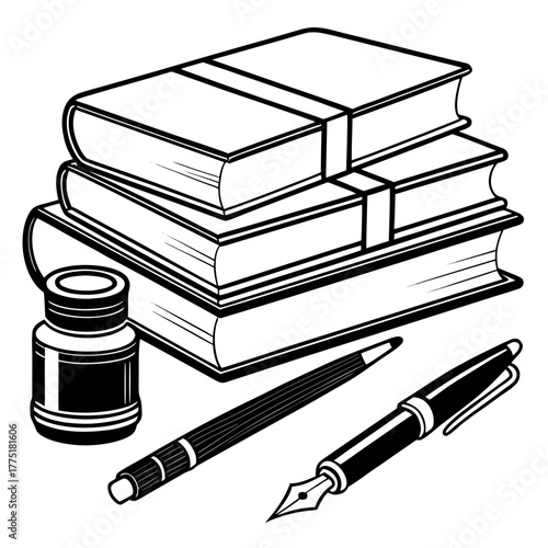 Books, inkwell, and pens are ready for writing