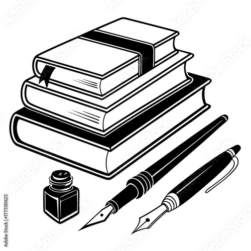 Stack of books with inkwell and fountain pens