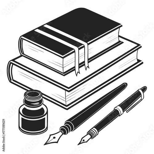 Stack of books with ink bottle and fountain pens