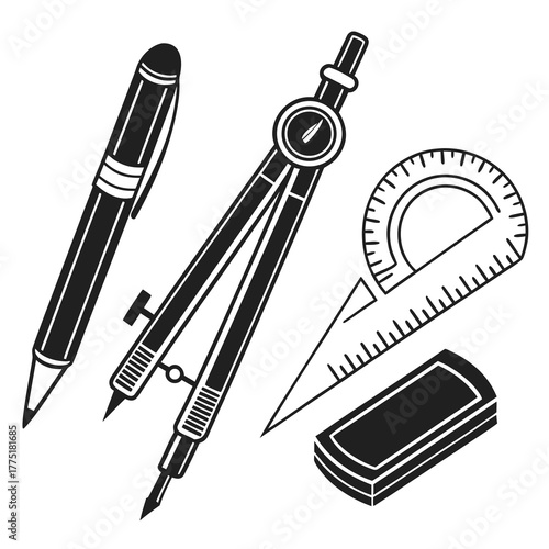 Technical drawing tools, including compass and protractor