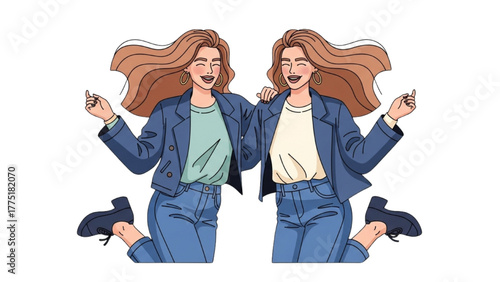 Happy Twin Sisters Dancing Together in Joyful Celebration