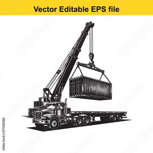 Crane truck lifting shipping container