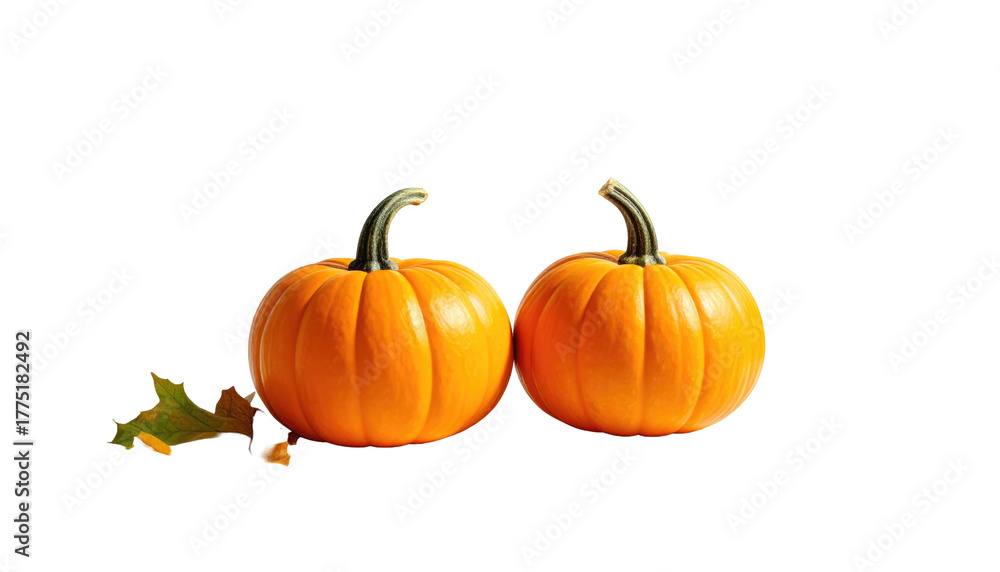 Obraz premium Pair of vibrant orange pumpkins with leaf accent against a stark black background