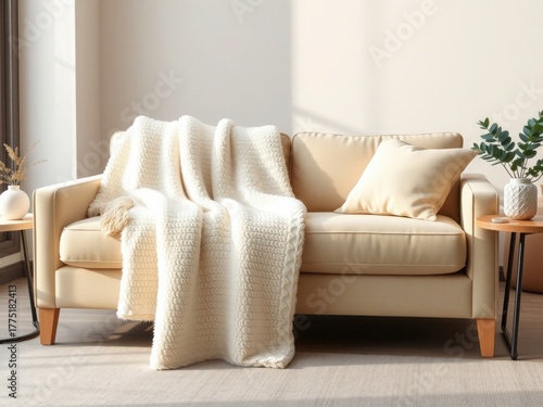 Cozy cream sofa with plush blanket, perfect relaxation.