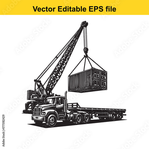 Crane loading shipping container onto flatbed truck