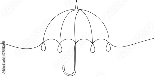 Single line drawing of an open umbrella with curved handle