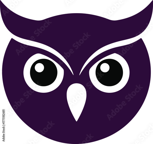 Dark purple owl head vector icon illustration with large white eyes and pointy beak on a black background