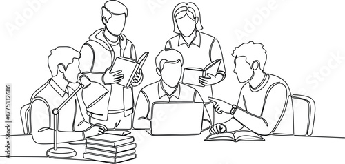 Group study illustration—five people collaborating with books, laptop, and gestures in focused workspace, minimalist black-and-white line art vector