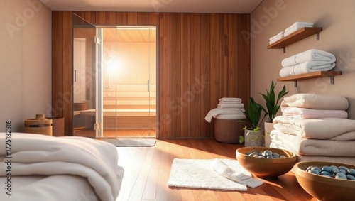 Relaxing spa sauna oasis with warm light and soft towels