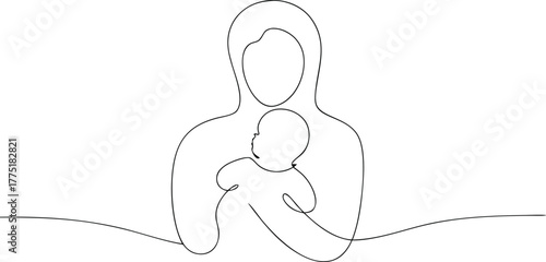 Single line drawing of mother holding baby infant child